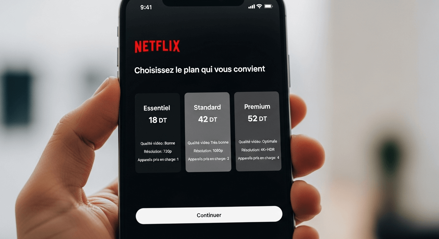 Prix Netflix Tunisie 2025 - Plans d'abonnement Essentiel, Standard et Premium en DT