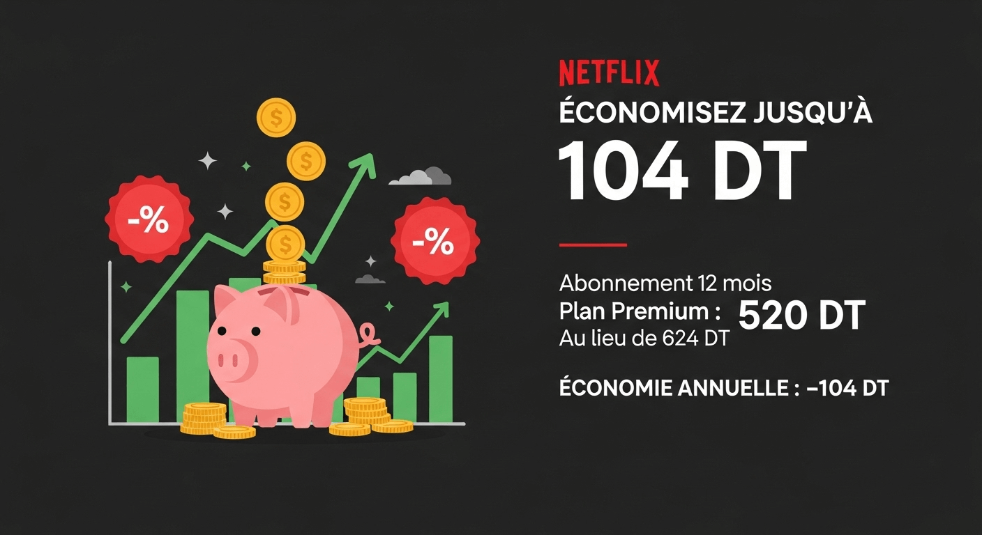 Économies abonnement Netflix Tunisie longue durée - Jusqu'à 104 DT de réduction sur formule 12 mois Premium