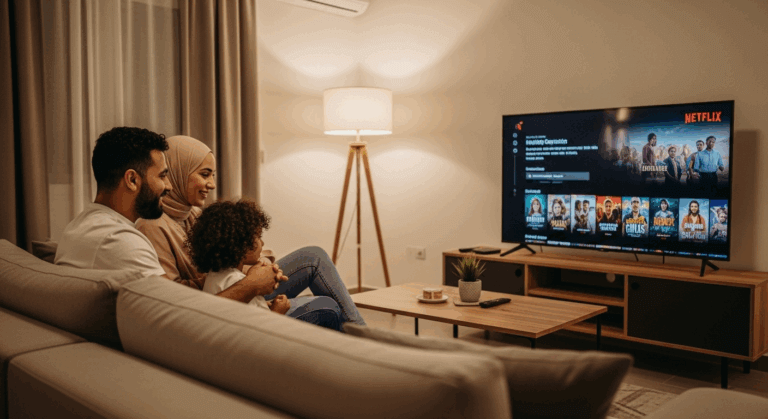 Famille tunisienne regardant Netflix ensemble sur grand écran - Abonnement Premium 4 écrans simultanés